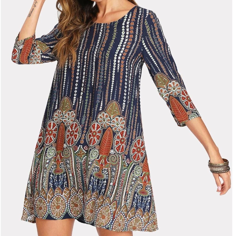 3/4 Sleeve Tribal Print Tunic Dress